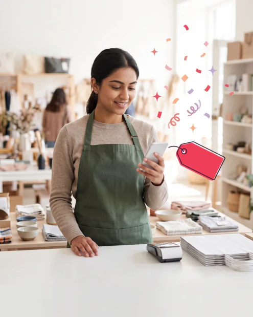 Store associate in an apron behind the counter, smiling at her phone between customers