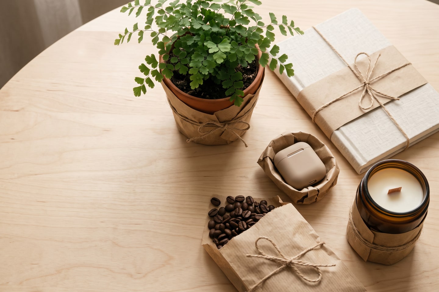 A flat lay of varied, thoughtfully chosen gifts partly wrapped in recycled kraft paper and twine