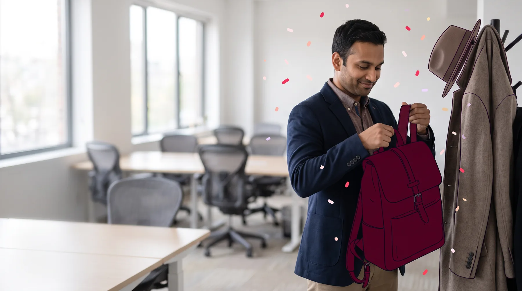 Man at an office coat rack lifting a leather backpack onto his shoulder