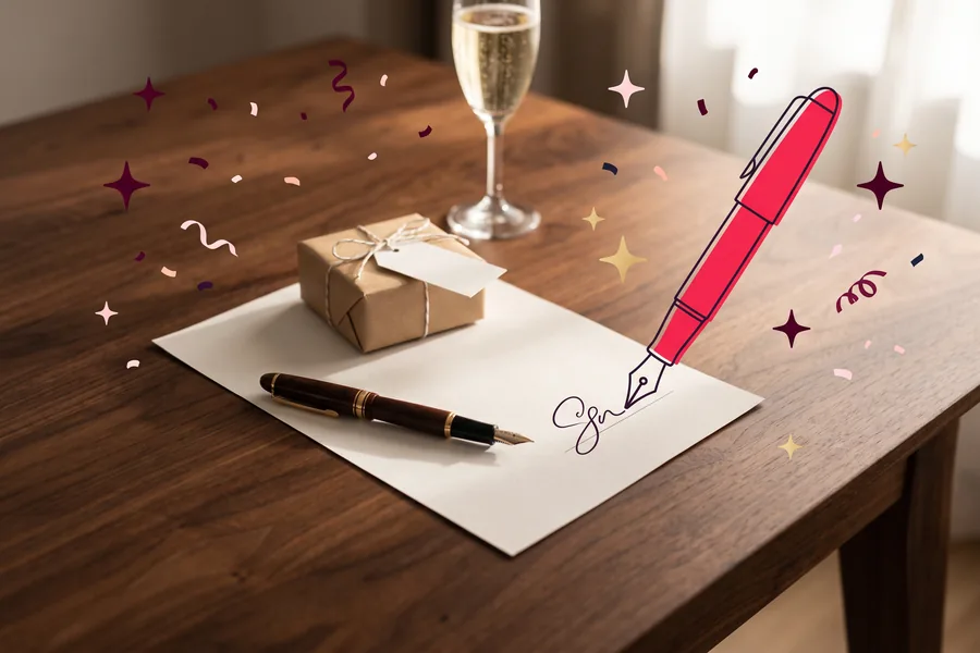 Signed contract and fountain pen on a desk, with a small wrapped gift on the papers