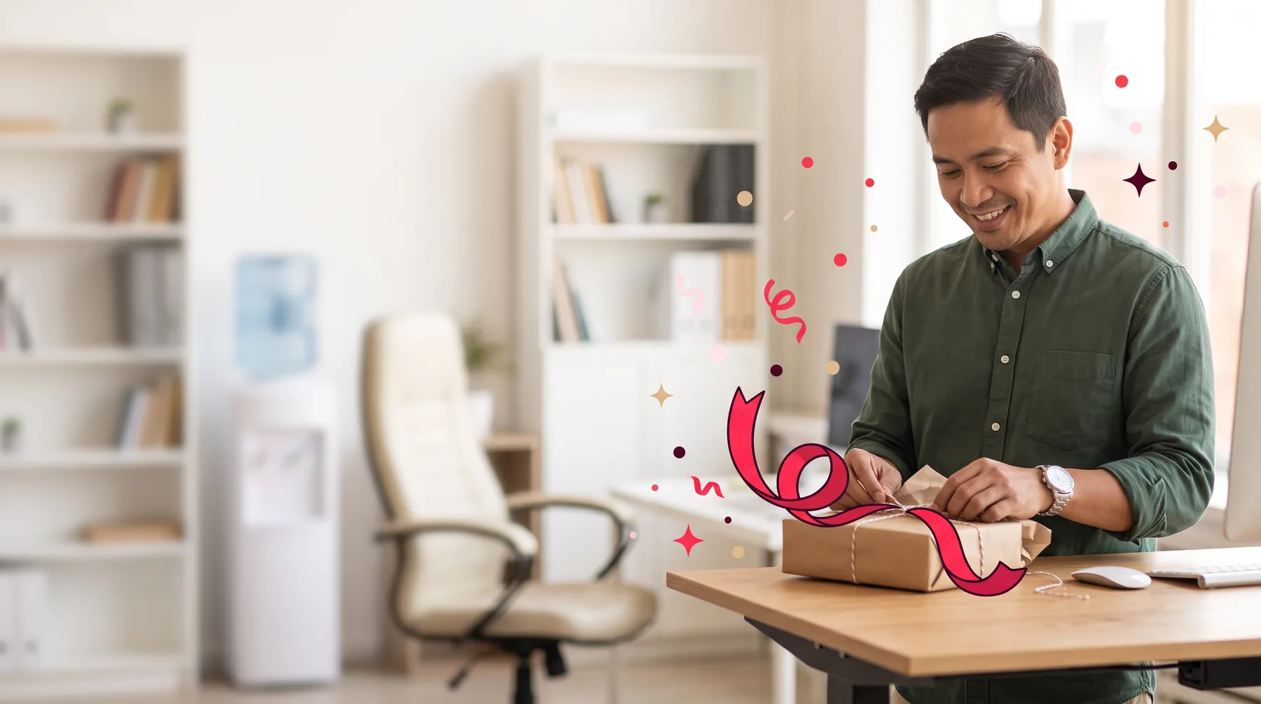 Man at a standing desk unwrapping a work anniversary gift