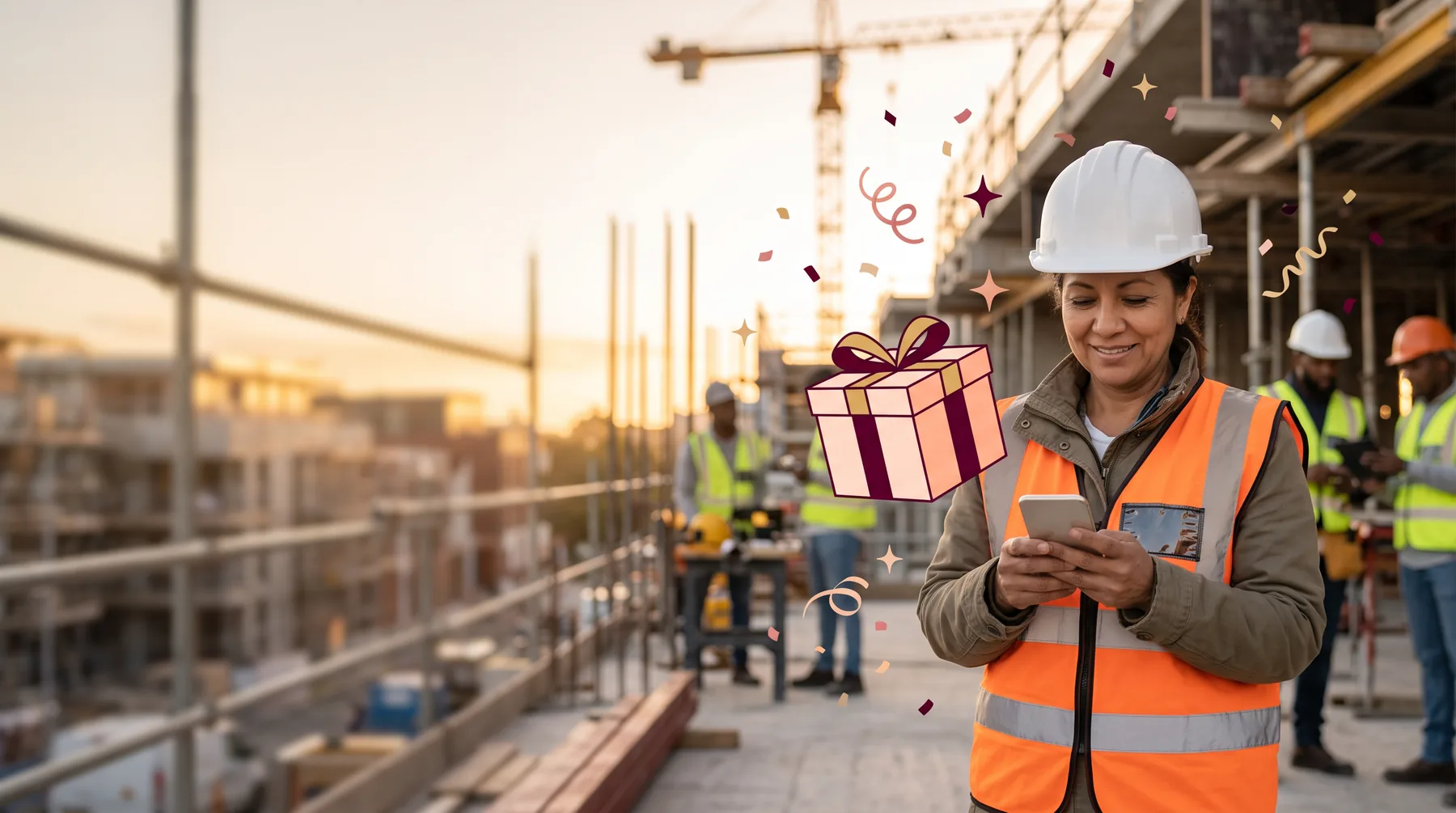 Construction worker in a hard hat and vest on a job site, smiling at her phone