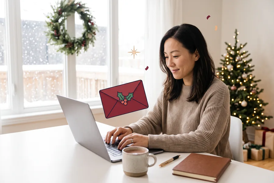 Woman at a home desk writing a note by a lit Christmas tree, snow falling outside