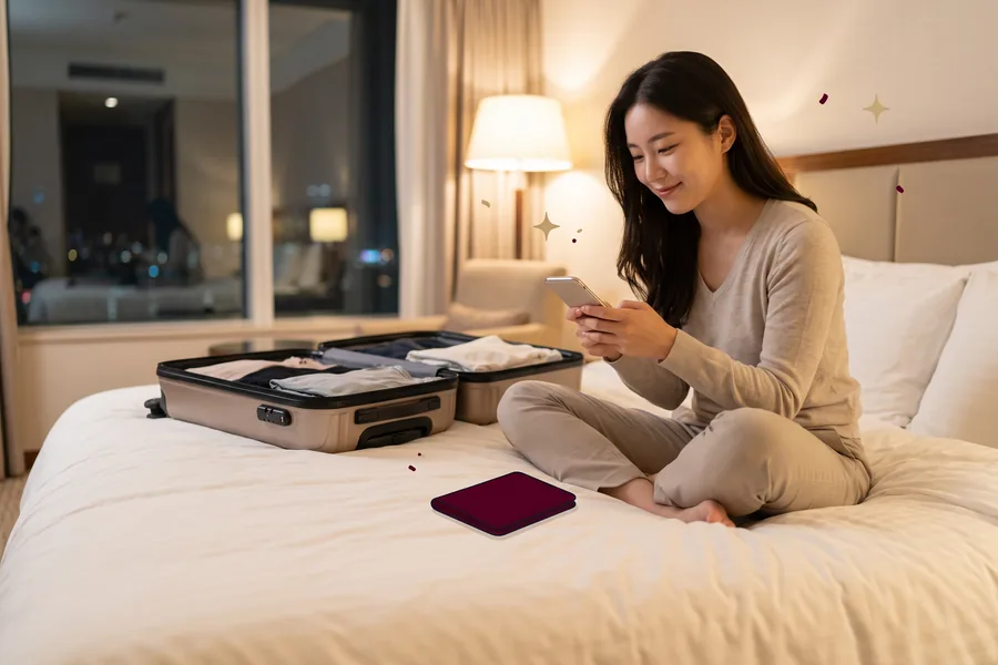 Woman on a hotel bed with her phone, a leather passport card beside an open carry-on