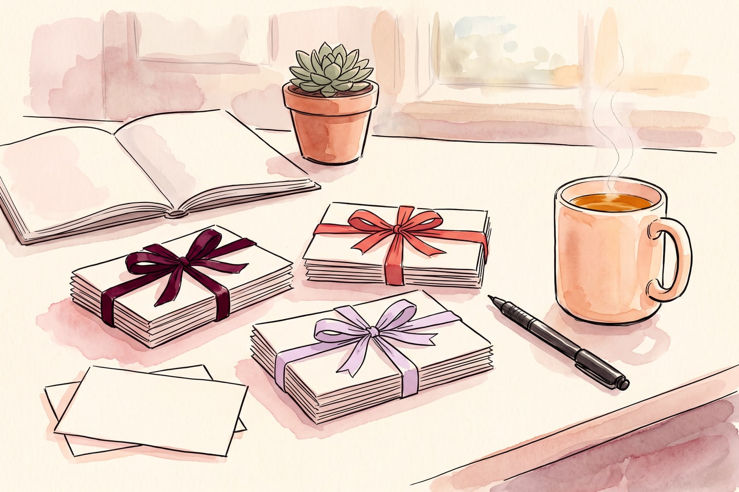 Watercolor sketch of index cards sorted into small groups with colored ribbons on a desk