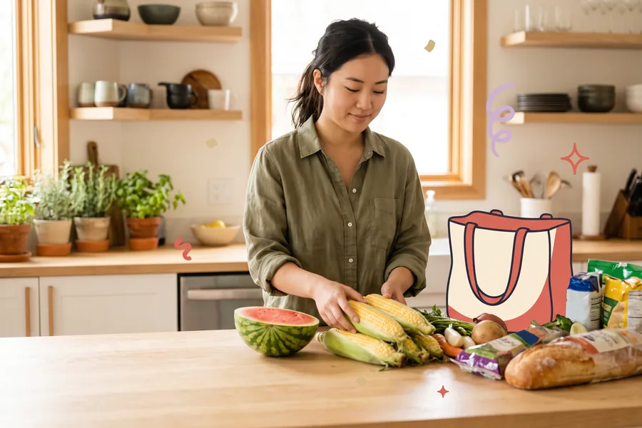 Woman unpacking a grocery delivery with corn and watermelon on the counter
