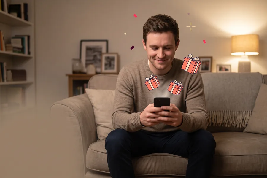 Man on a couch at home in the evening, smiling at his phone