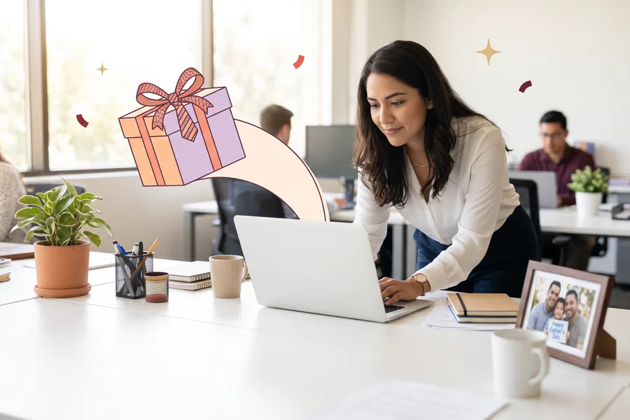 HR lead at a laptop sending one Father's Day campaign to the whole team