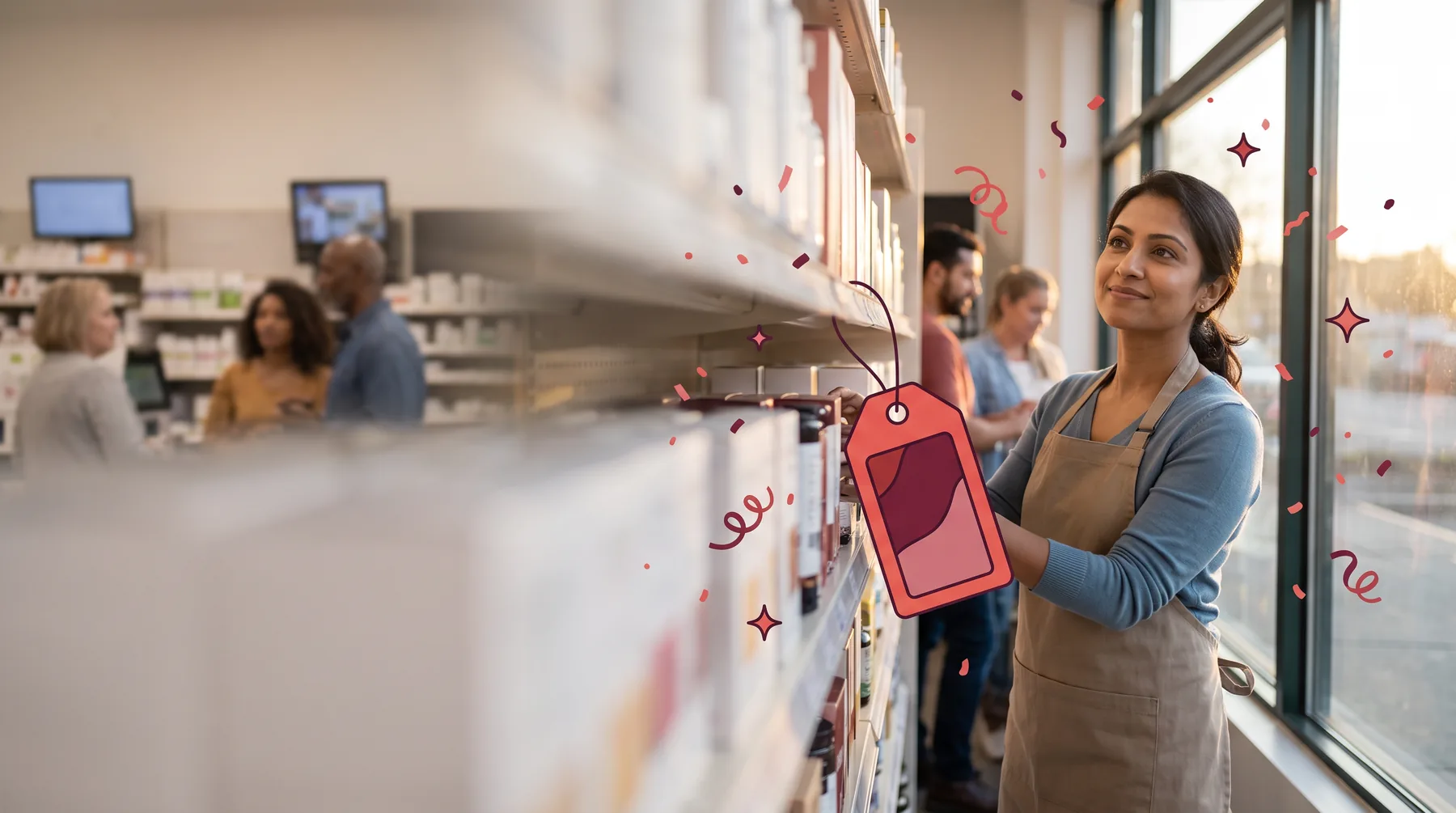 Store associate in an apron pausing from restocking a shelf with a smile