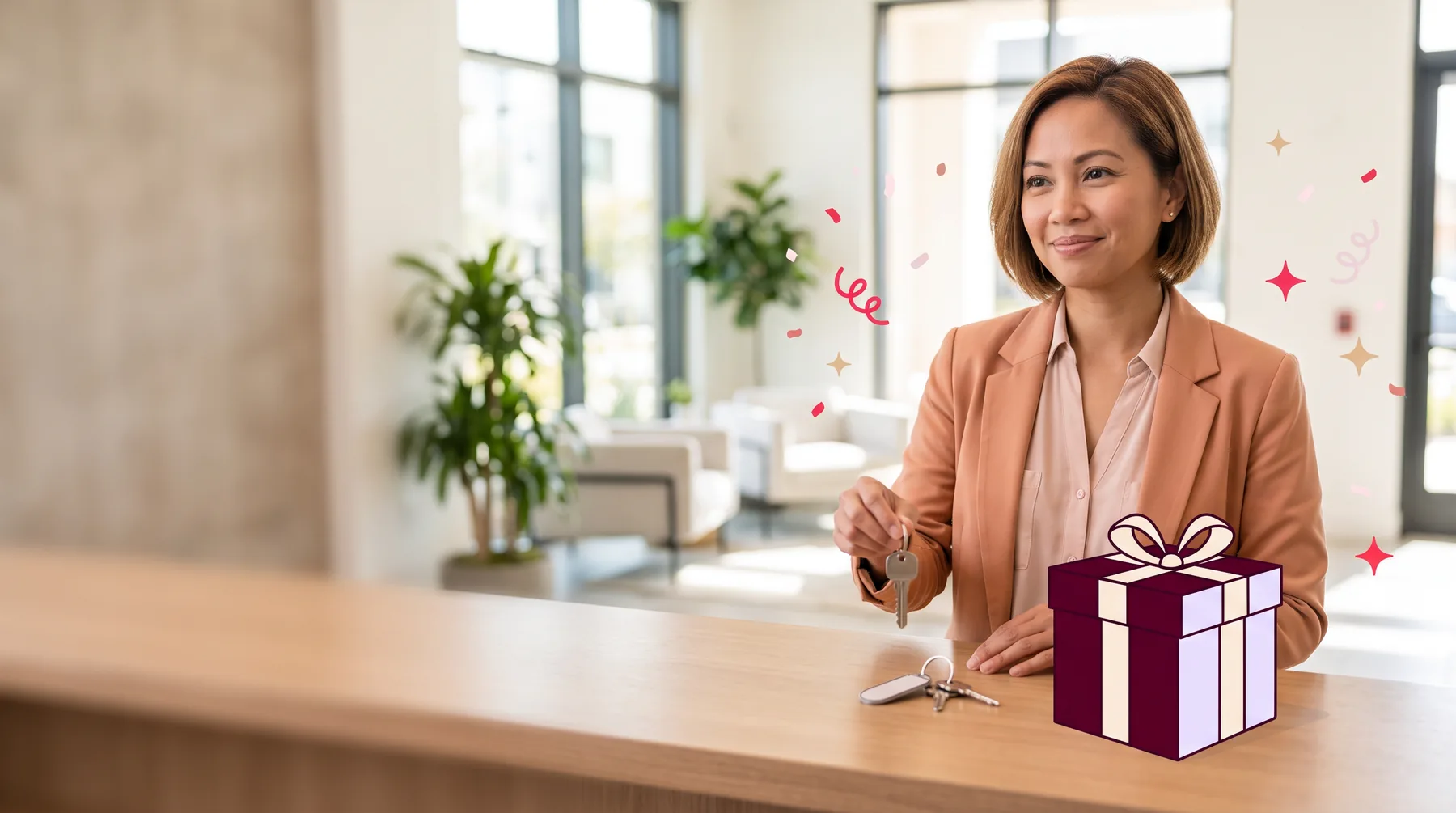 Property manager handing keys across a leasing office counter