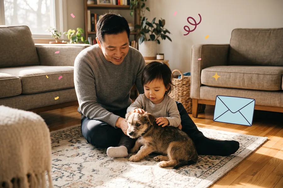 Dad kneeling on a living room rug beside a toddler and a new puppy