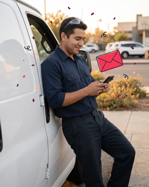 Field technician leaning on the open door of a work van, checking his phone