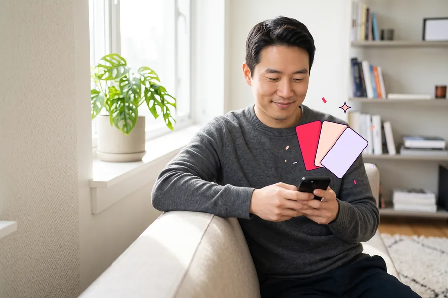 A Korean man in his early thirties leans against a sofa arm in a sunlit apartment, scrolling his phone with a calm, pleased look