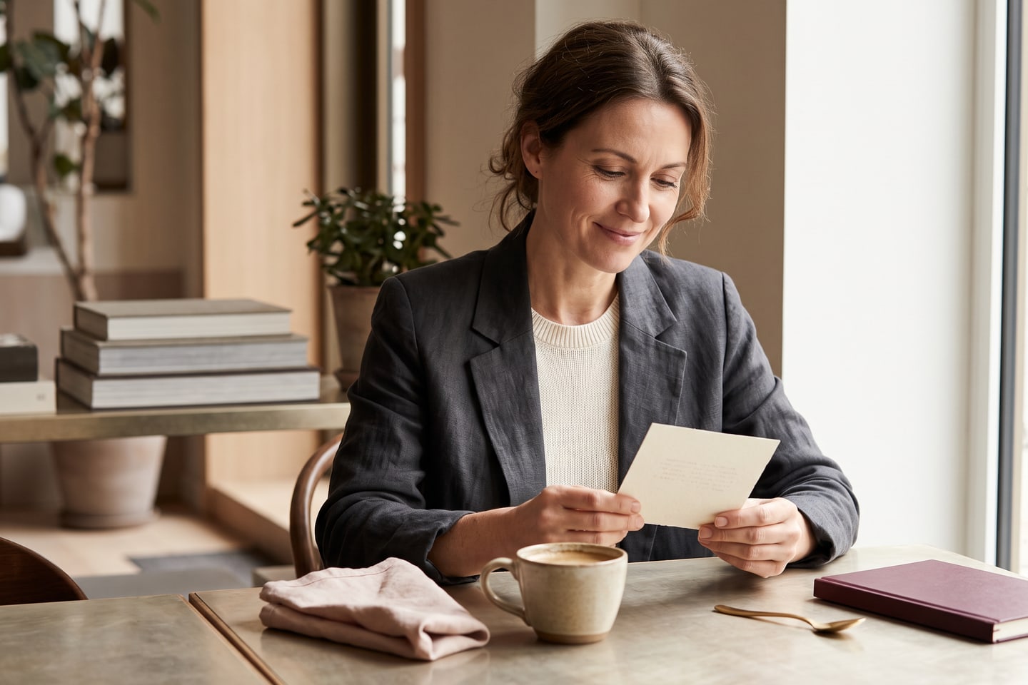 An employee reading a handwritten birthday card at a sunlit table with a coffee