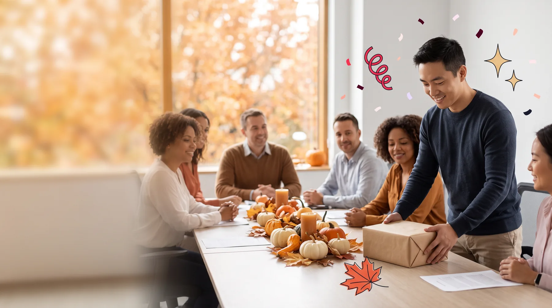 Man setting a wrapped gift on an office table laid for a team Thanksgiving lunch with pumpkins