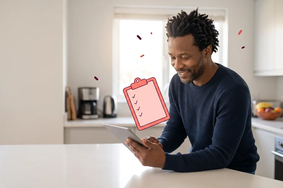 Man leaning on a kitchen counter reading a tablet