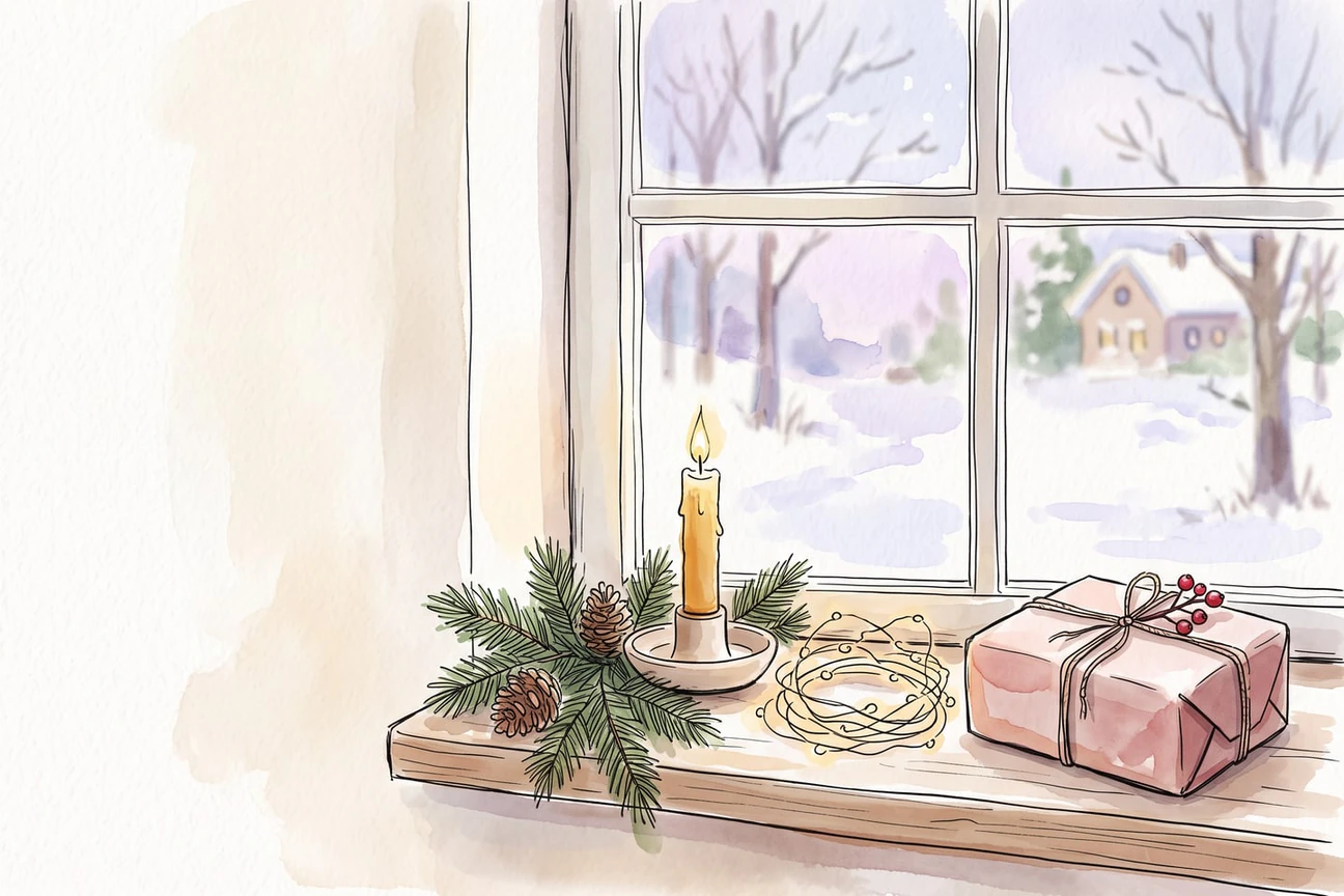 Watercolor sketch of a winter windowsill with a candle, pine, string lights and a simple wrapped gift