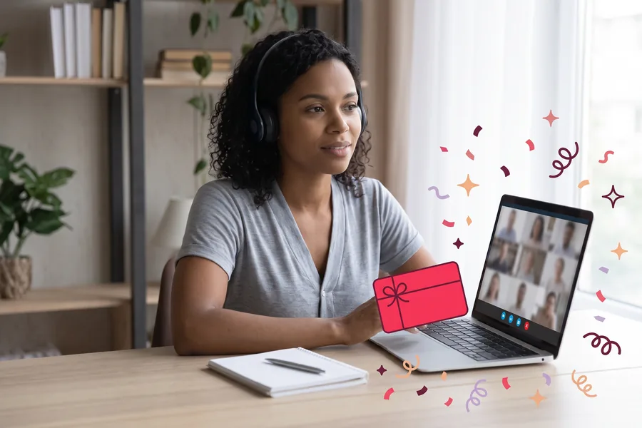 Research participant on a video call at a home desk, wearing headphones