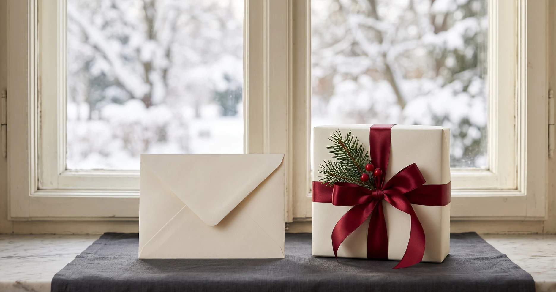A plain envelope beside a beautifully wrapped gift on a winter windowsill