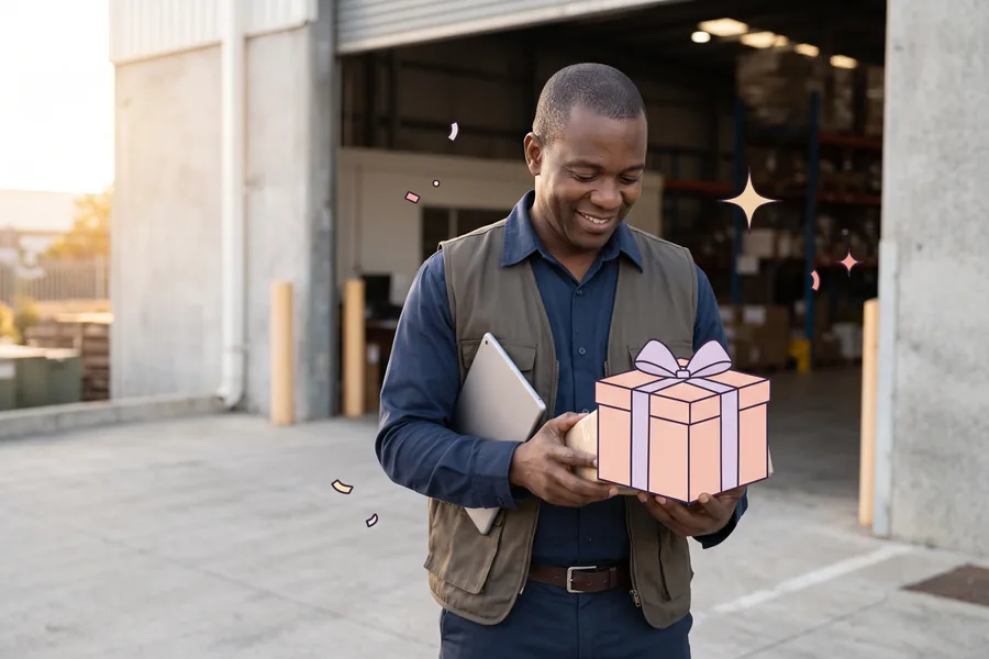 Man in a warehouse doorway looking at a parcel just handed to him