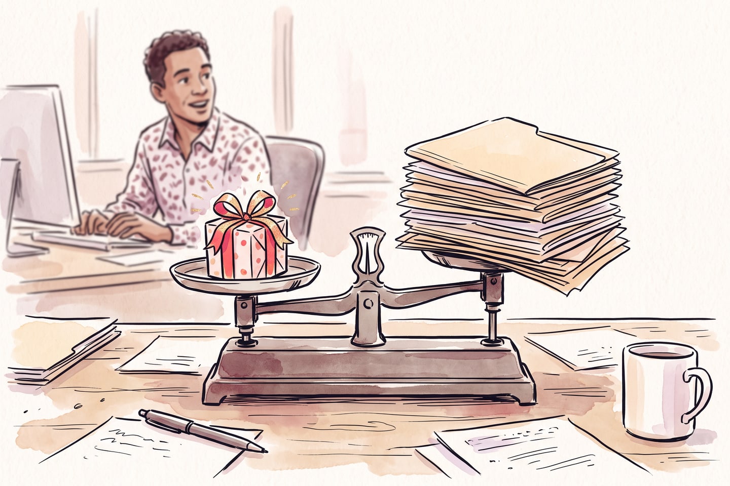 Watercolor sketch of a balance scale where a small birthday gift outweighs a tall stack of recruiting folders
