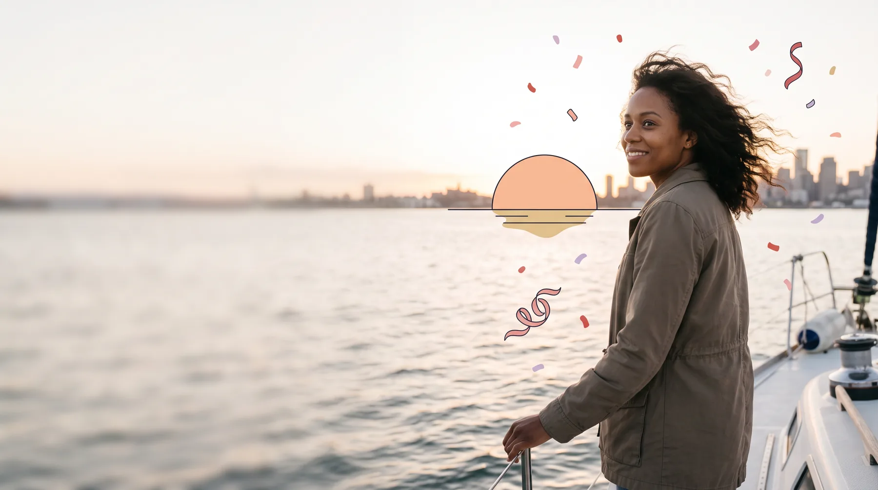 Woman on a boat deck at sunset looking back at a city skyline