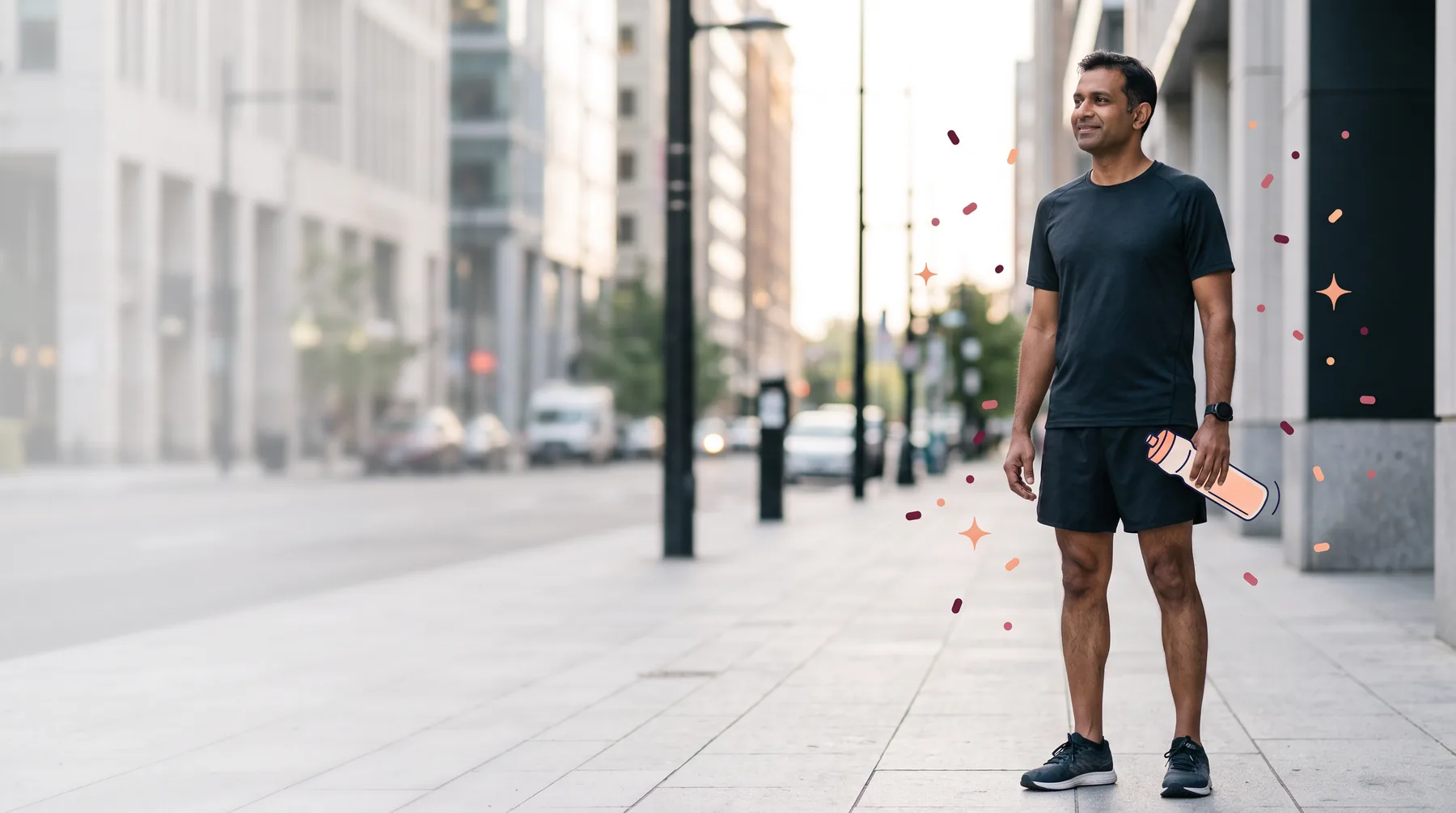 Man on a city sidewalk after a run, holding a water bottle