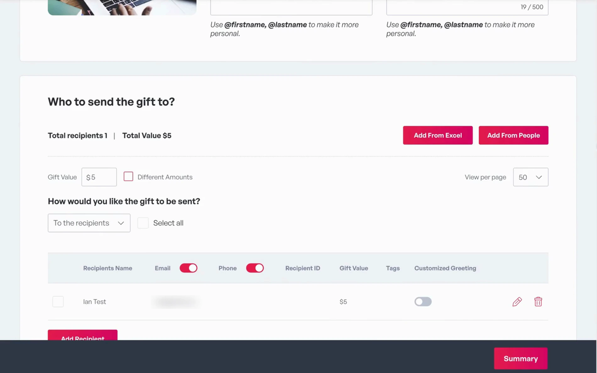Choosing recipients, with a gift value and tags for each person