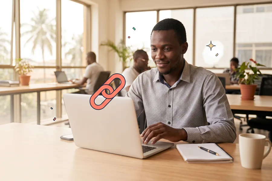 Man at a co-working desk choosing a gift on his laptop
