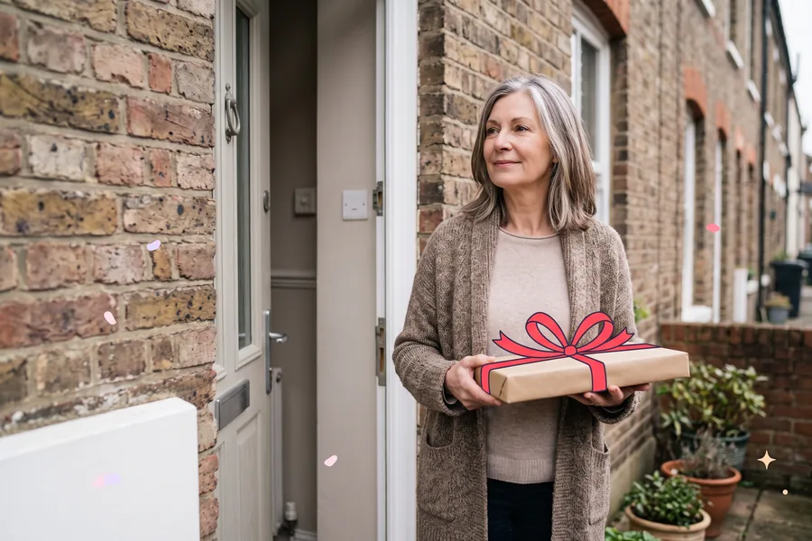Woman at the front door of her row house holding a slim parcel