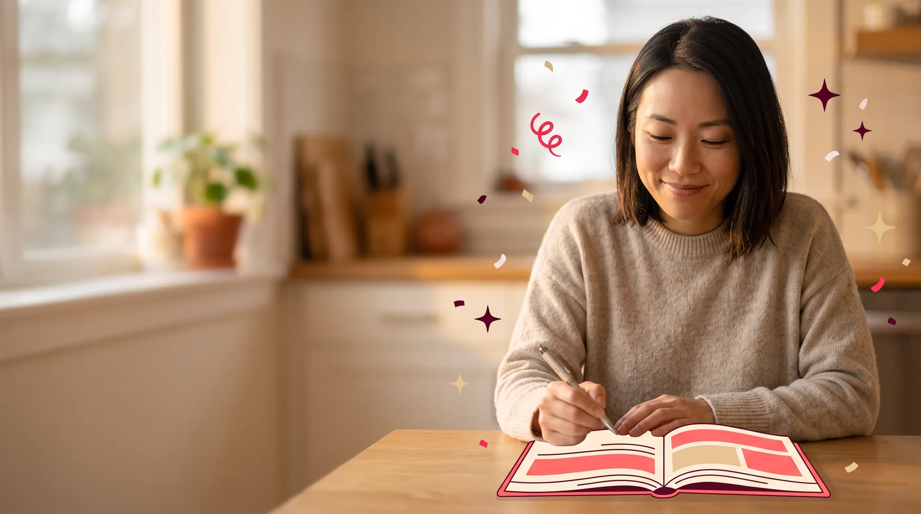 Woman at her kitchen table before work with a pen on an open BestSelf journal