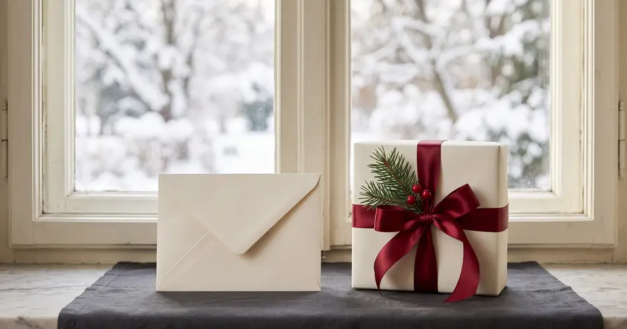 A plain envelope beside a beautifully wrapped gift on a winter windowsill