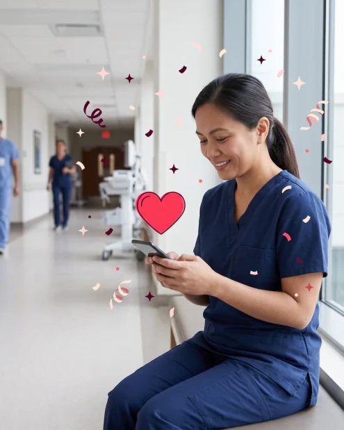 Nurse in scrubs by a hospital corridor window, smiling at her phone on a break