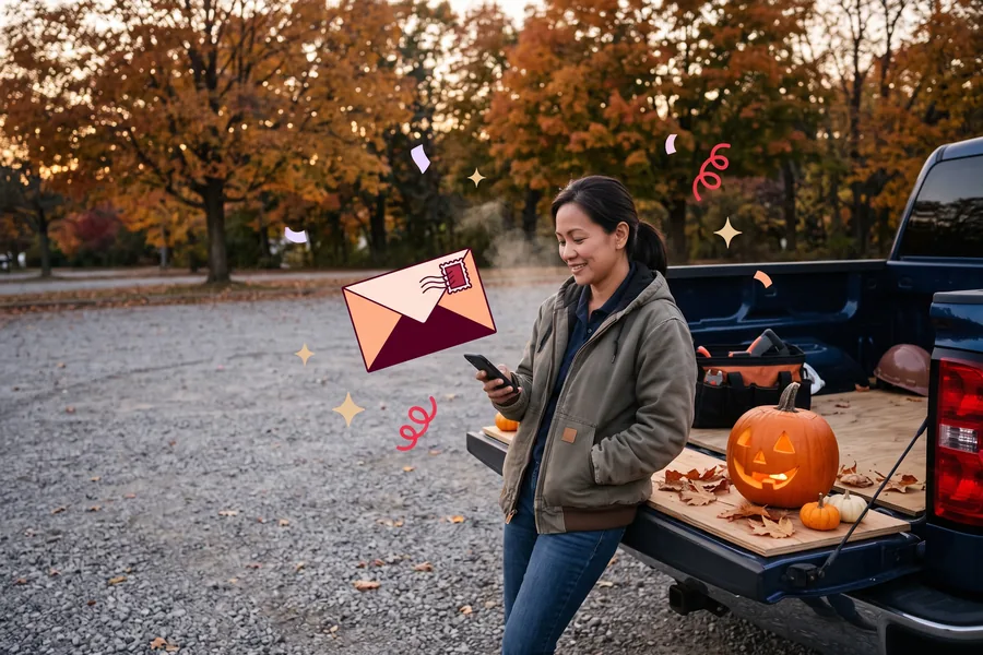 Field technician on a pickup tailgate beside a jack-o'-lantern, reading her phone