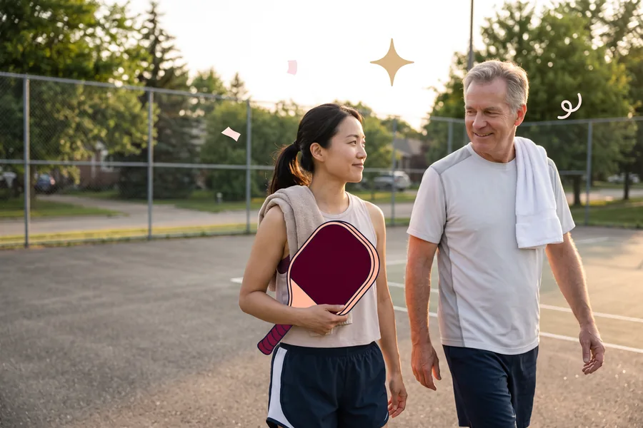 Two coworkers walking off a pickleball court with towels over their shoulders