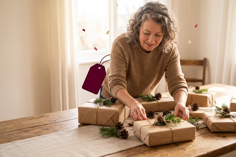 Woman leaning over a dining table covered in wrapped parcels and pine sprigs