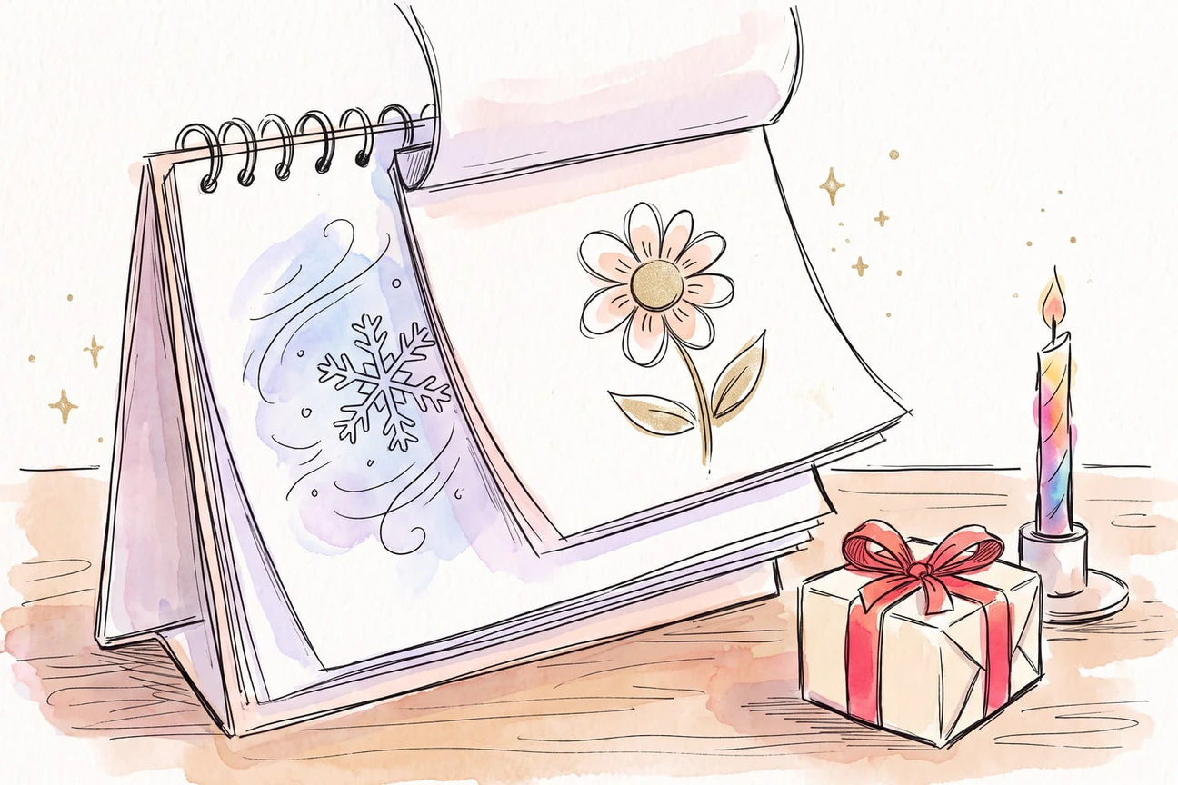 Watercolor sketch of calendar pages turning from winter to spring beside a small gift and a birthday candle