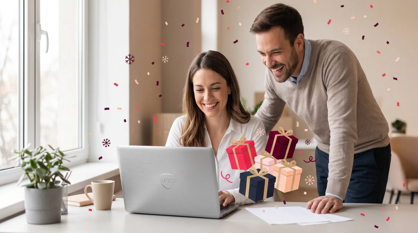 A People Operations lead and a colleague reviewing a grid of varied gift options on a laptop, both engaged