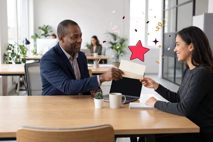 Manager handing a folded note across a desk to a smiling colleague