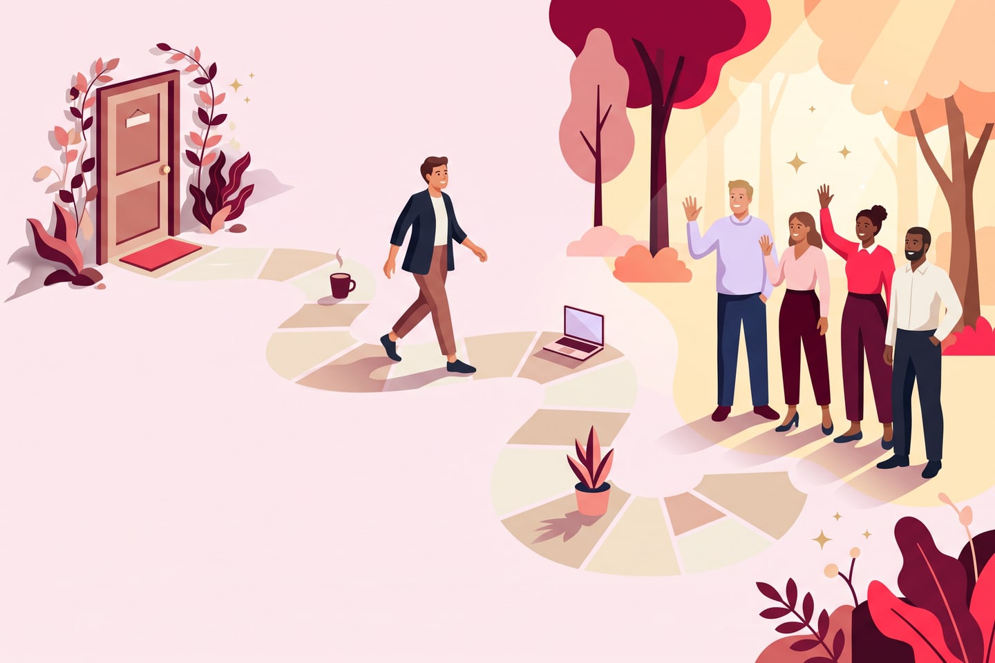 Illustration of a path from a small welcome door to a sunny space where a team waves at a person looking back