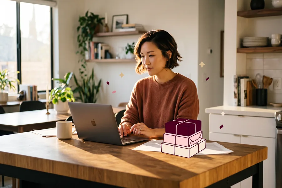 HR manager working on a laptop at a kitchen island with a coffee