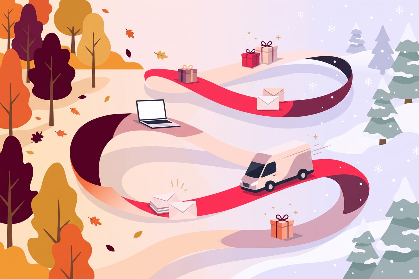 Illustration of a ribbon timeline winding from autumn into winter with gifts, envelopes and a delivery van along it