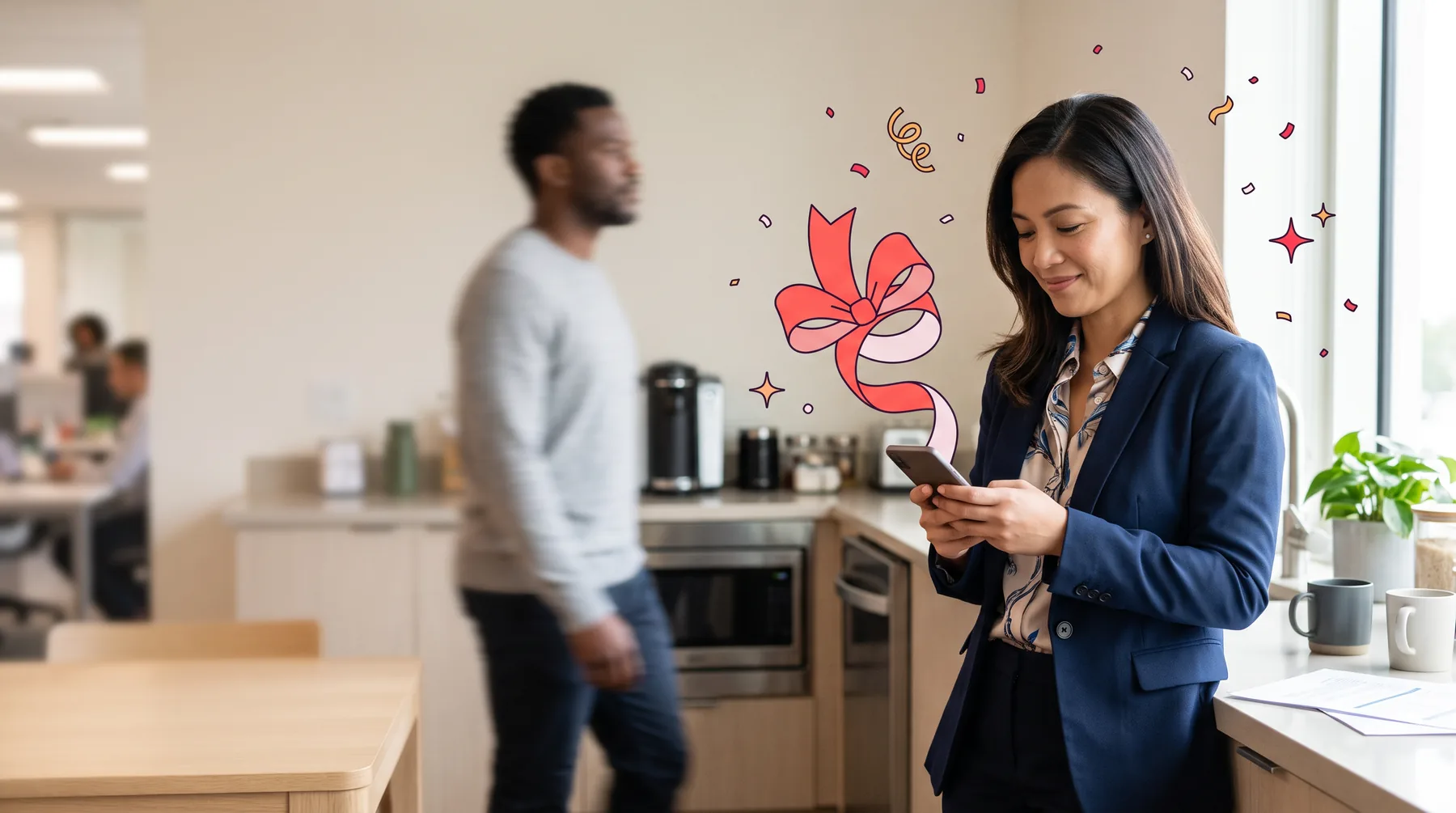 Woman at an office kitchen counter smiling at a birthday gift on her phone