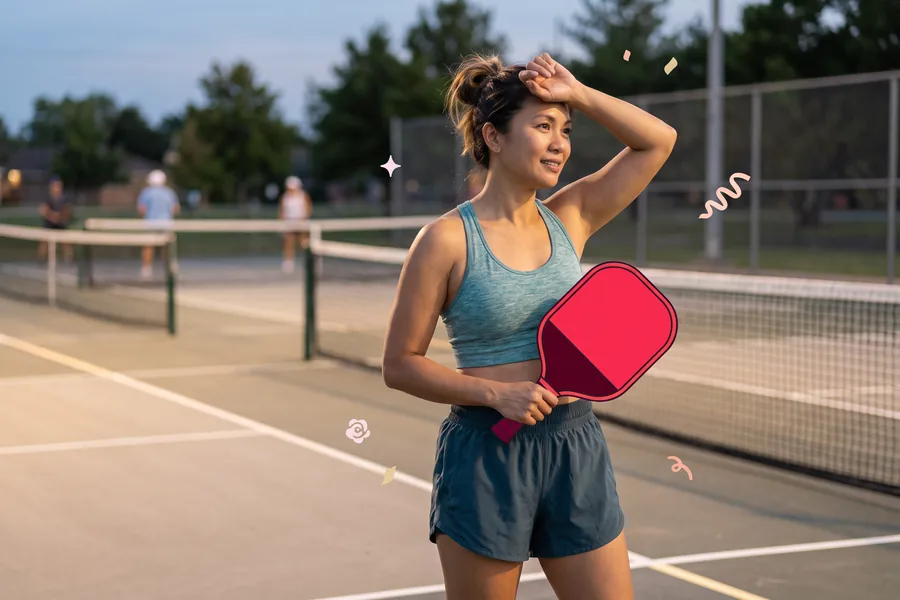 Woman on an outdoor court holding a pickleball paddle, wiping her forehead