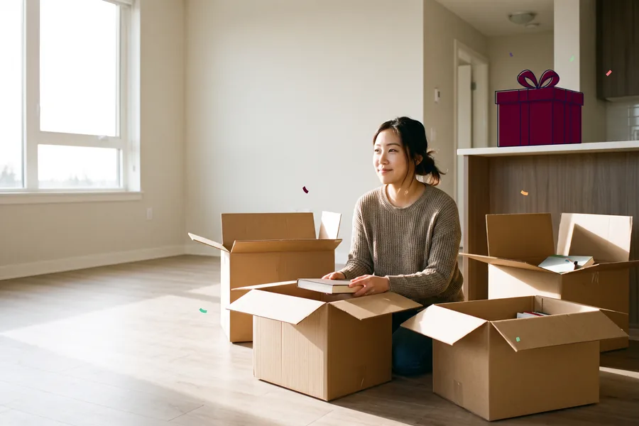 New tenant kneeling among moving boxes in an empty apartment