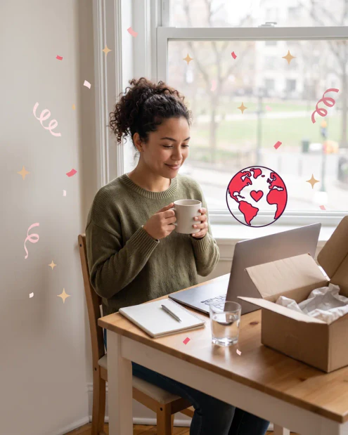 Remote worker at a home desk holding a mug from a just-opened parcel beside the laptop