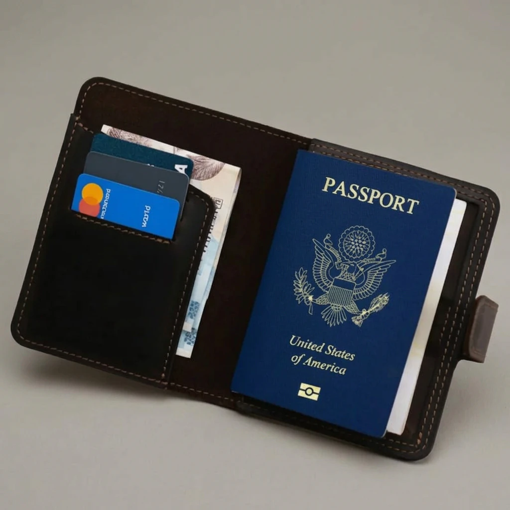 A leather passport wallet staged in a studio scene