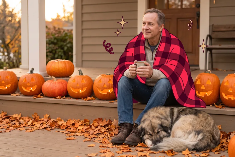 Man on a porch step with a mug, pumpkins on the steps and a dog asleep at his feet