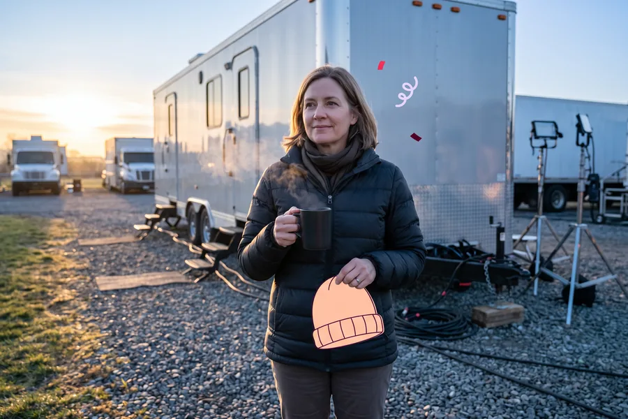 Production coordinator outside a base camp trailer at dawn with a coffee