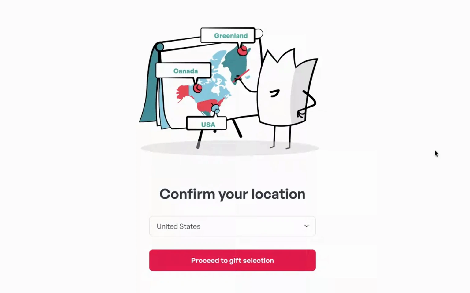 A recipient confirming which country they are in before choosing a gift